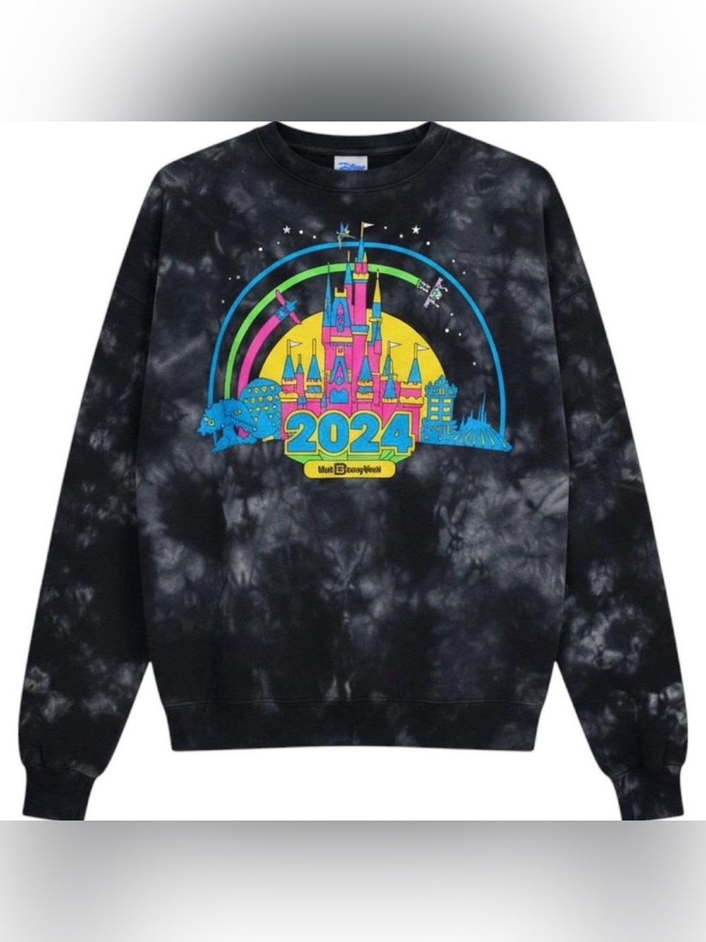 Disney World Black Tie-Dye Crewneck Sweater with Neon Castle Graphic